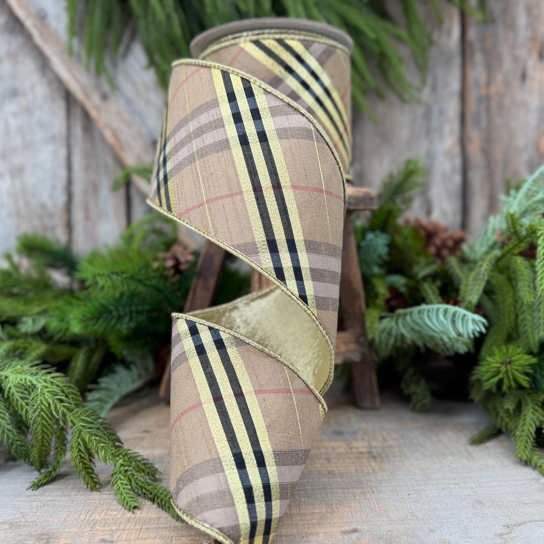 4” Brown Black holiday plaid, Christmas ribbon, 10 yards, metallic ribbon