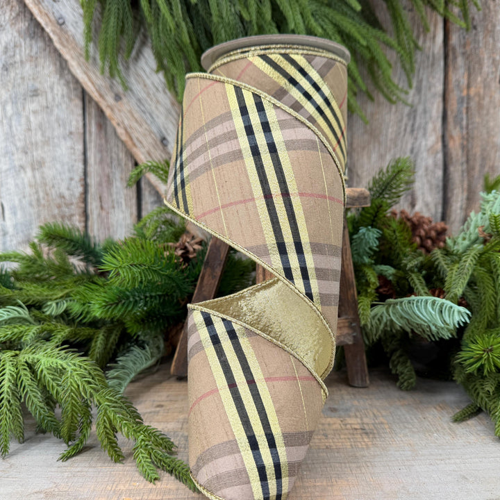 4” Brown Black holiday plaid, Christmas ribbon, 10 yards, metallic ribbon