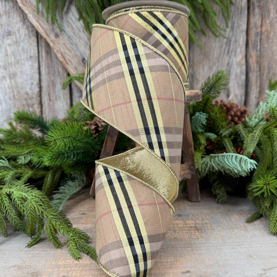 4” Brown Black holiday plaid, Christmas ribbon, 10 yards, metallic ribbon