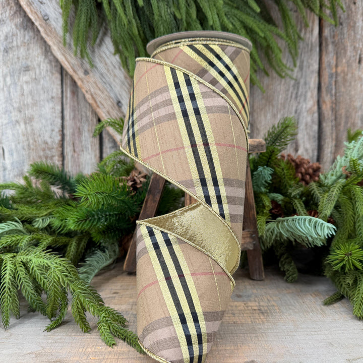4” Brown Black holiday plaid, Christmas ribbon, 10 yards, metallic ribbon