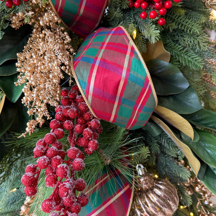 4" Christmas Plaid Ribbon, Red Green Gold Plaid Ribbon, Traditional Christmas Ribbon, Wired RIbbon, Classic Christmas Plaid Ribbon