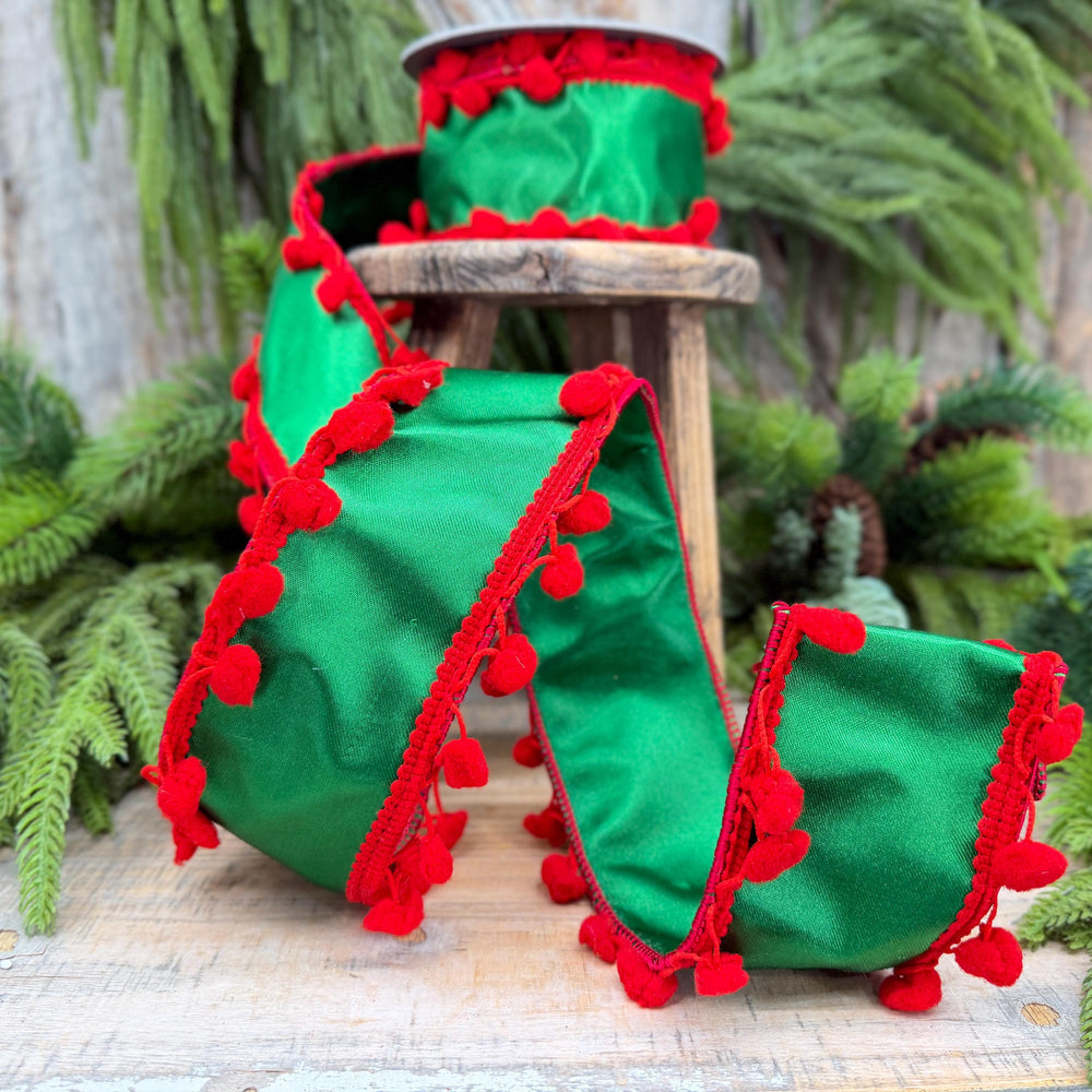 2.5" Green and Red Pom Pom Ribbon, Christmas Ribbon