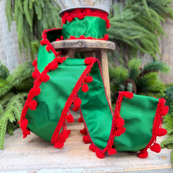 2.5" Green and Red Pom Pom Ribbon, Christmas Ribbon