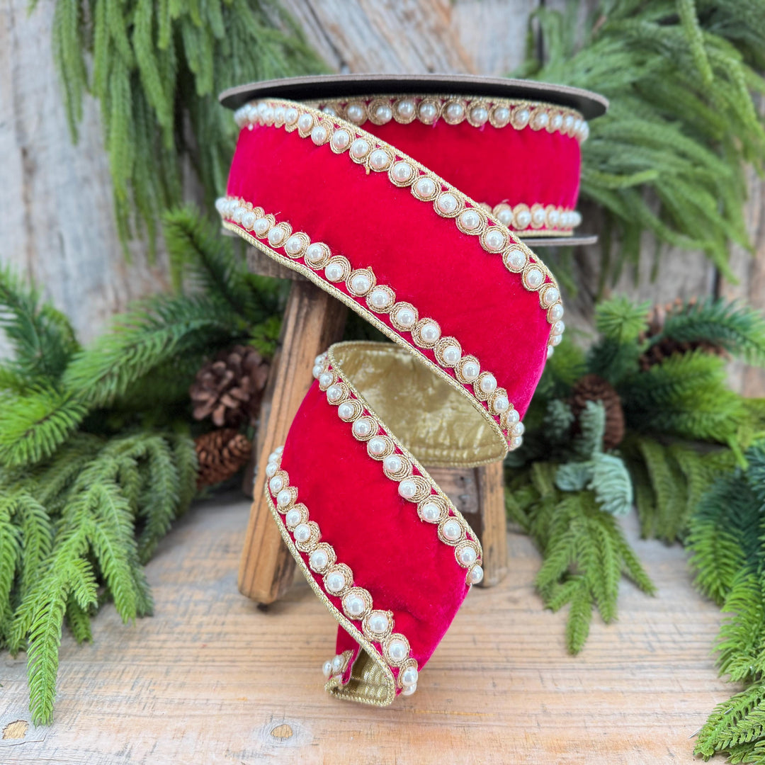 2.5" Hot Pink Pearl Trim Ribbon, Christmas Ribbon