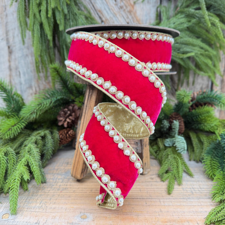 2.5" Hot Pink Pearl Trim Ribbon, Christmas Ribbon