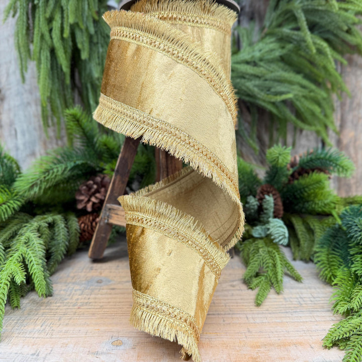 4" Gold Velvet Fringe Ribbon, Christmas Ribbon, Gold RIbbon, Christmas Tree Ribbon