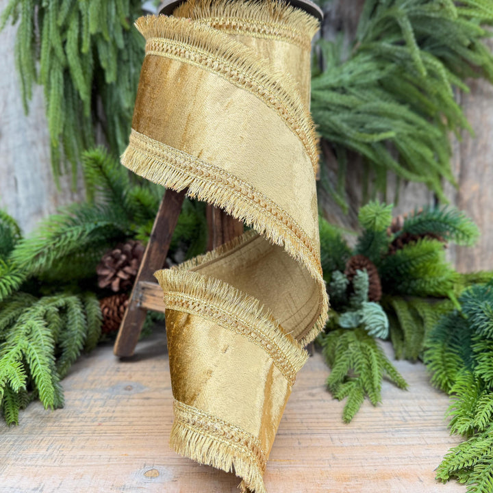 4" Gold Velvet Fringe Ribbon, Christmas Ribbon, Gold RIbbon, Christmas Tree Ribbon