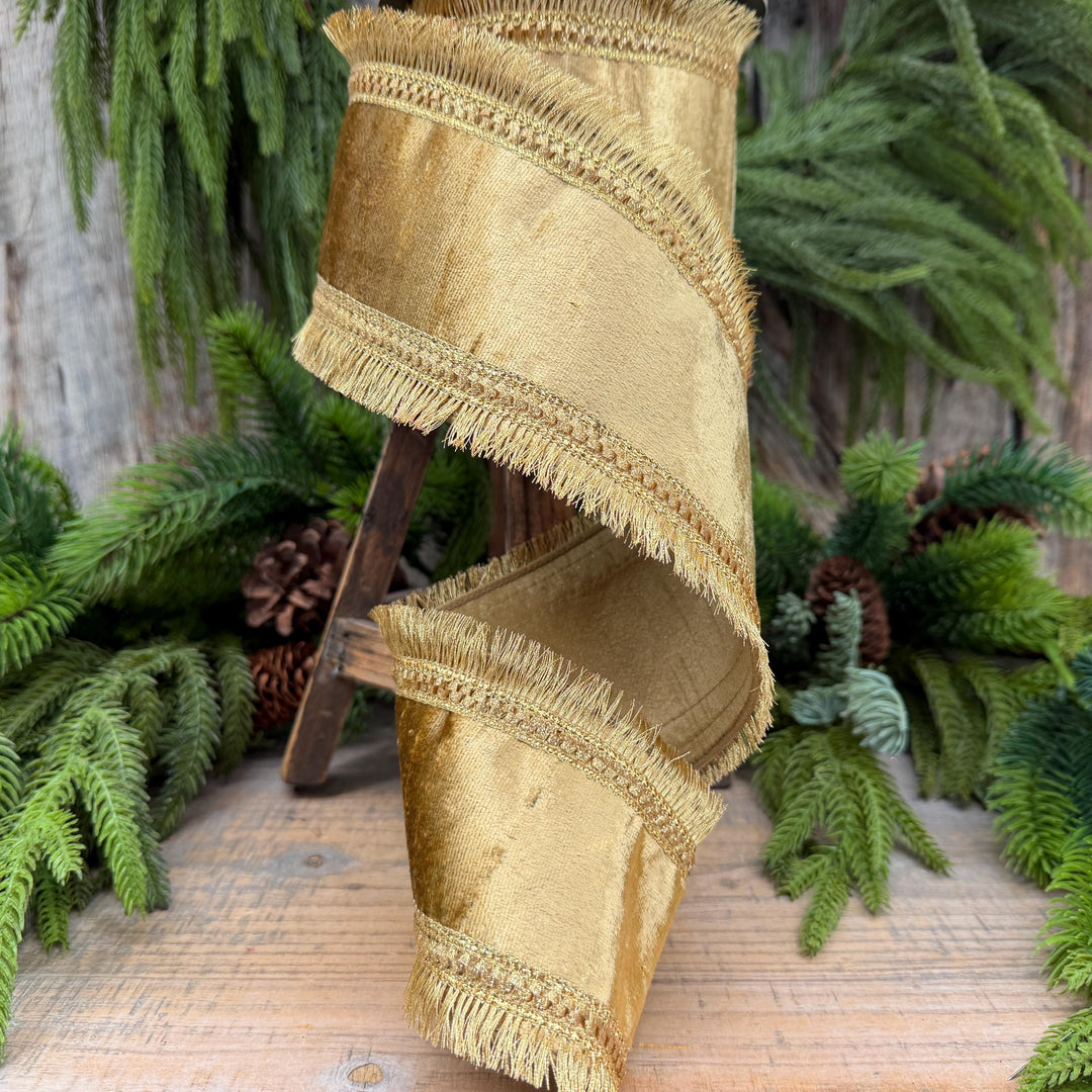 4" Gold Velvet Fringe Ribbon, Christmas Ribbon, Gold RIbbon, Christmas Tree Ribbon