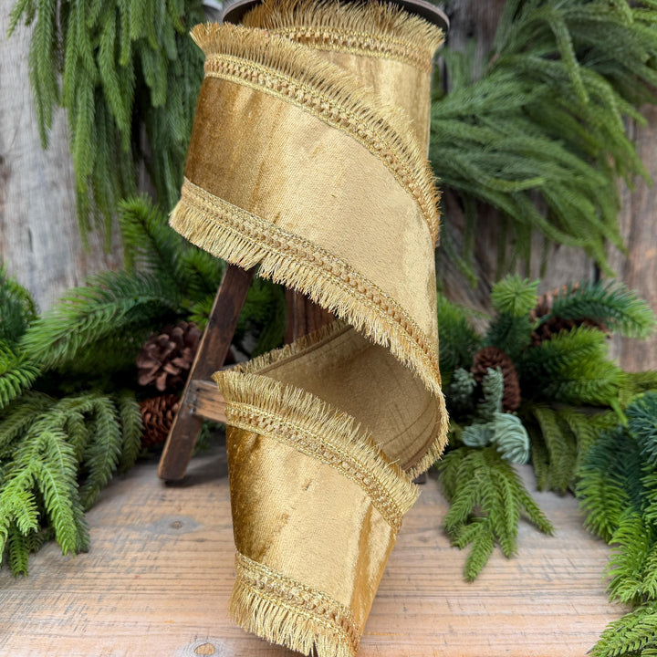 4" Gold Velvet Fringe Ribbon, Christmas Ribbon, Gold RIbbon, Christmas Tree Ribbon