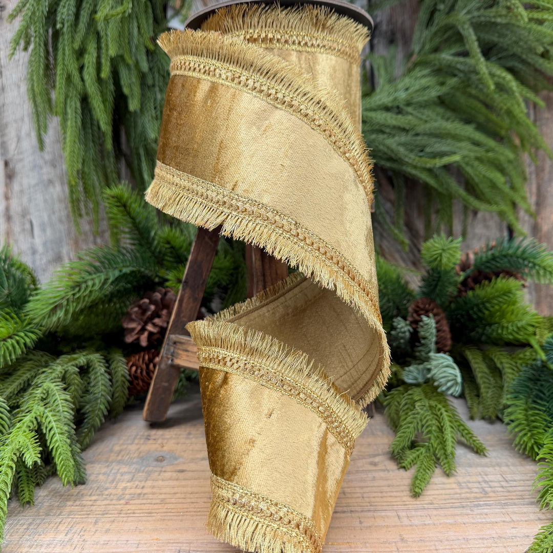 4" Gold Velvet Fringe Ribbon, Christmas Ribbon, Gold RIbbon, Christmas Tree Ribbon