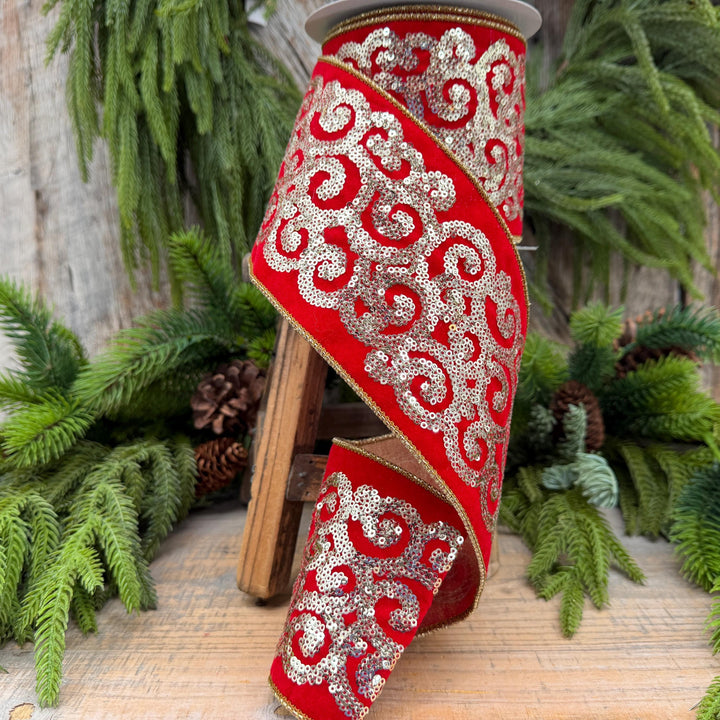 4" Red Gold Sequin Ribbon, Christmas Ribbon