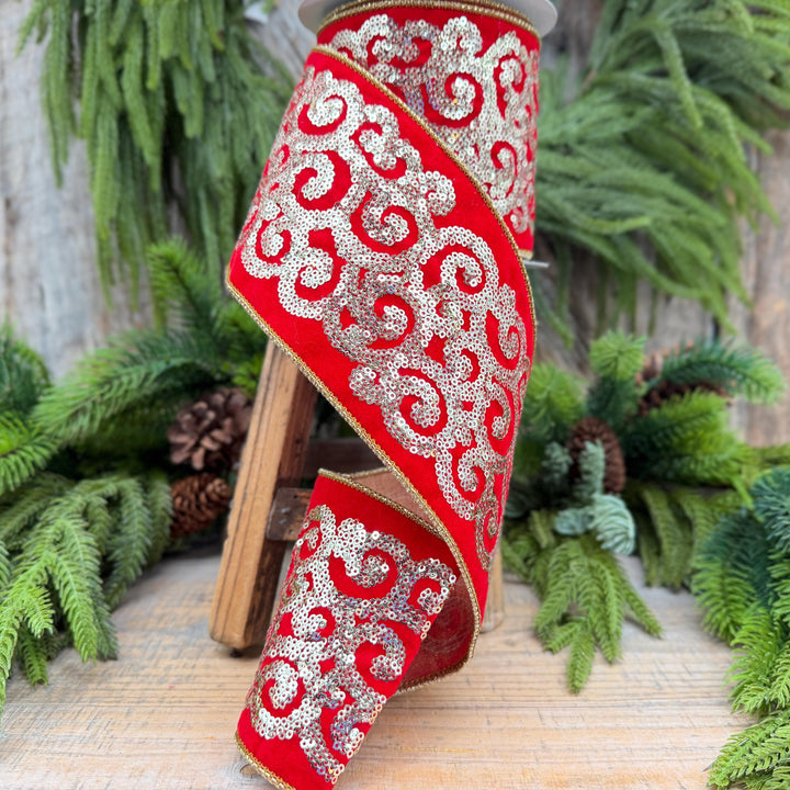 4" Red Gold Sequin Ribbon, Christmas Ribbon