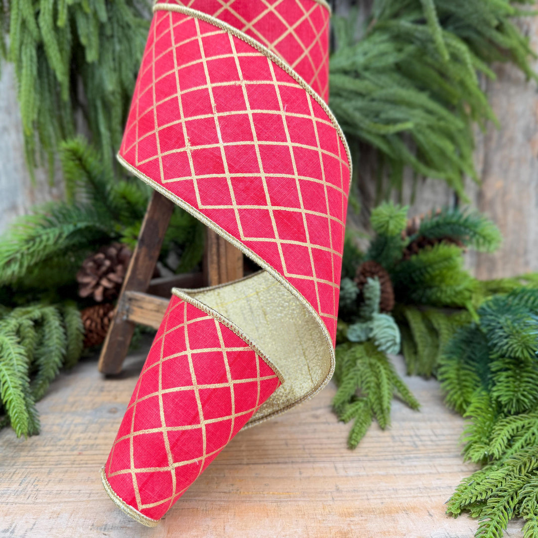 4" Red Gold Harlequin Ribbon, Christmas Tree Ribbon