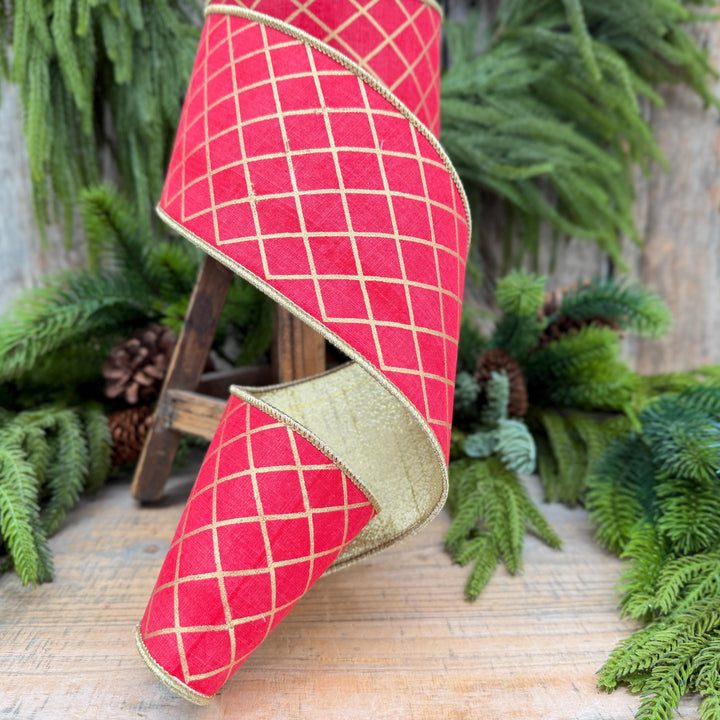 4" Red Gold Harlequin Ribbon, Christmas Tree Ribbon