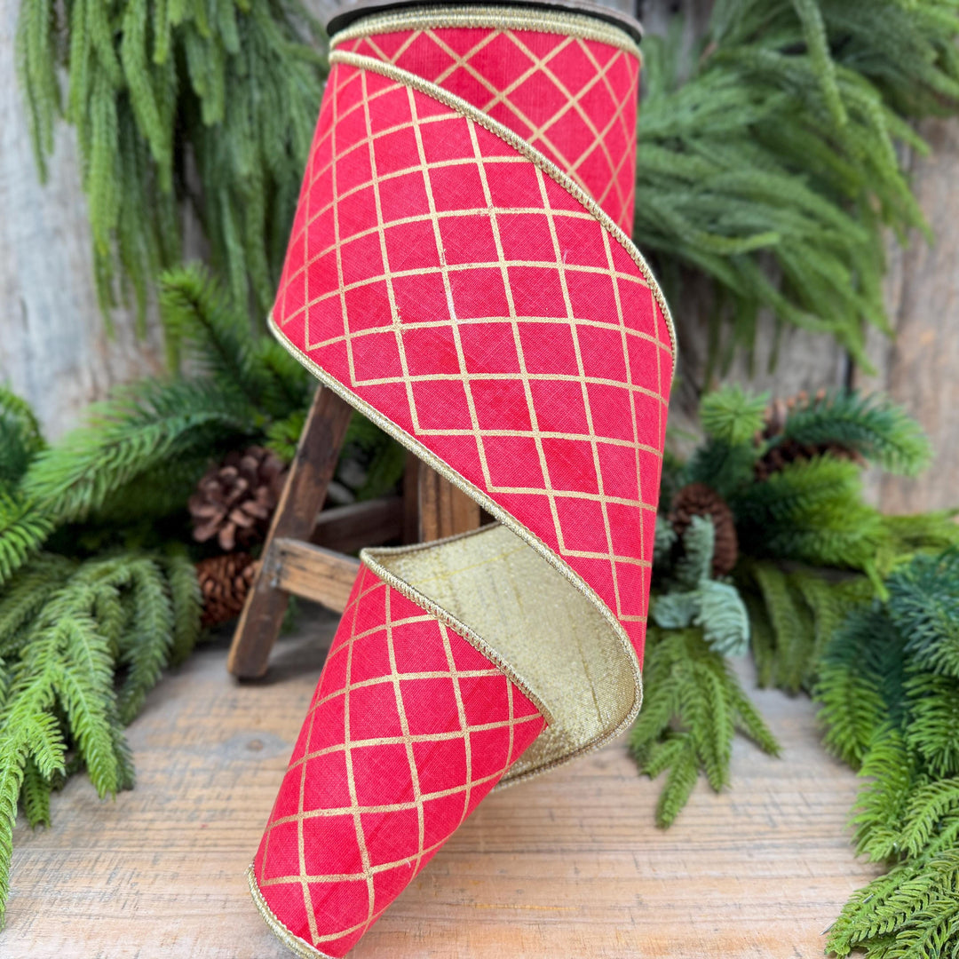 4" Red Gold Harlequin Ribbon, Christmas Tree Ribbon