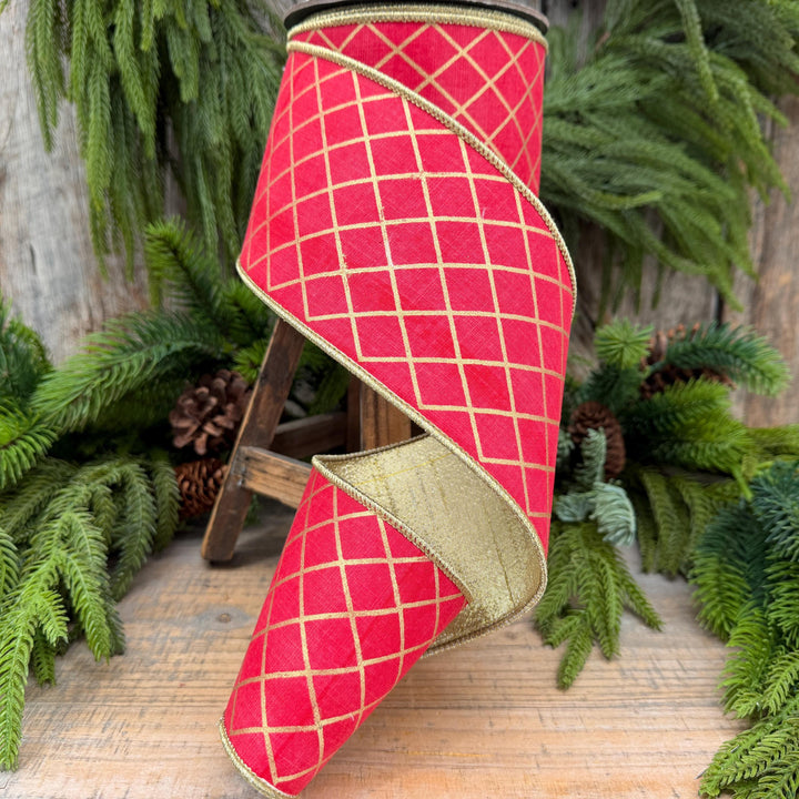 4" Red Gold Harlequin Ribbon, Christmas Tree Ribbon