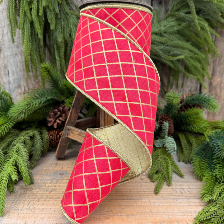 4" Red Gold Harlequin Ribbon, Christmas Tree Ribbon