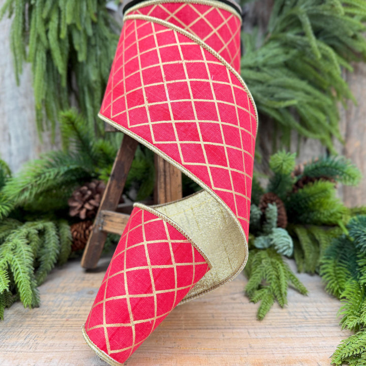 4" Red Gold Harlequin Ribbon, Christmas Tree Ribbon