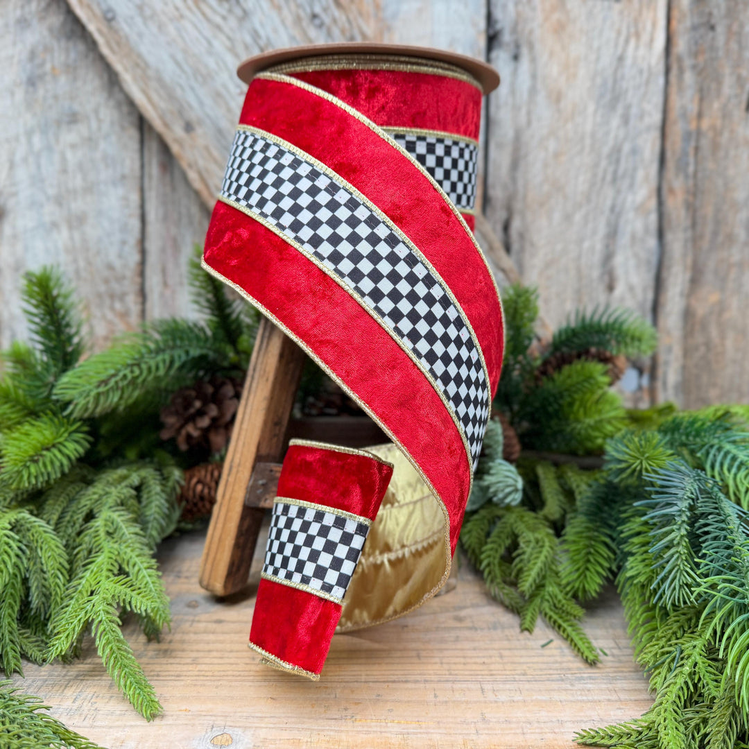 4" Red Velvet Black White Check Wired Ribbon | Gold Backing | 10 Yards