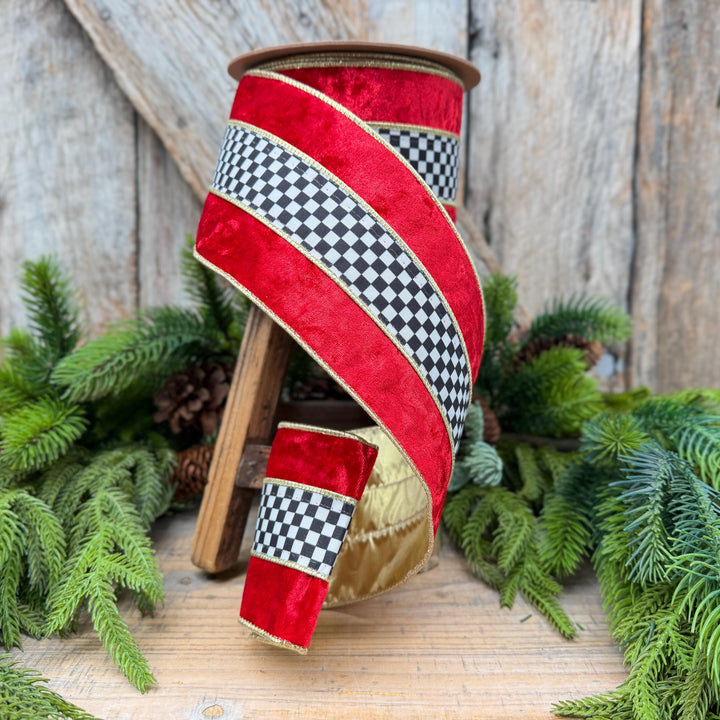 4" Red Velvet Black White Check Wired Ribbon | Gold Backing | 10 Yards