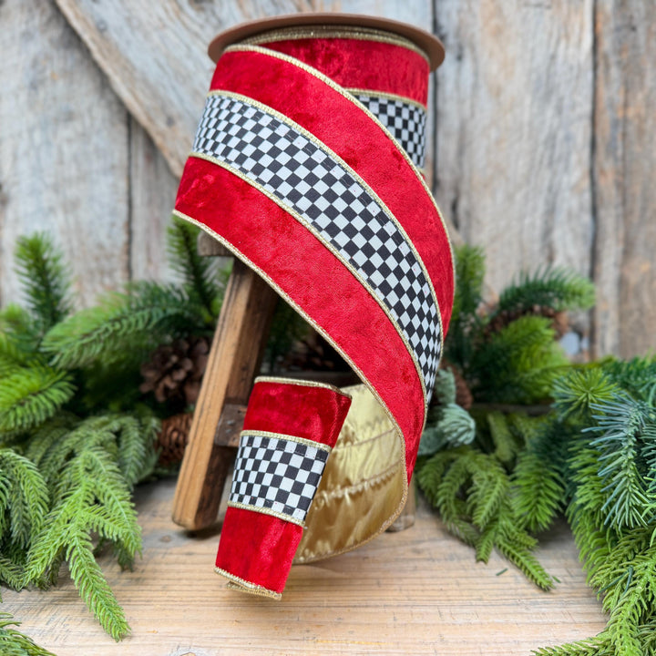 4" Red Velvet Black White Check Wired Ribbon | Gold Backing | 10 Yards