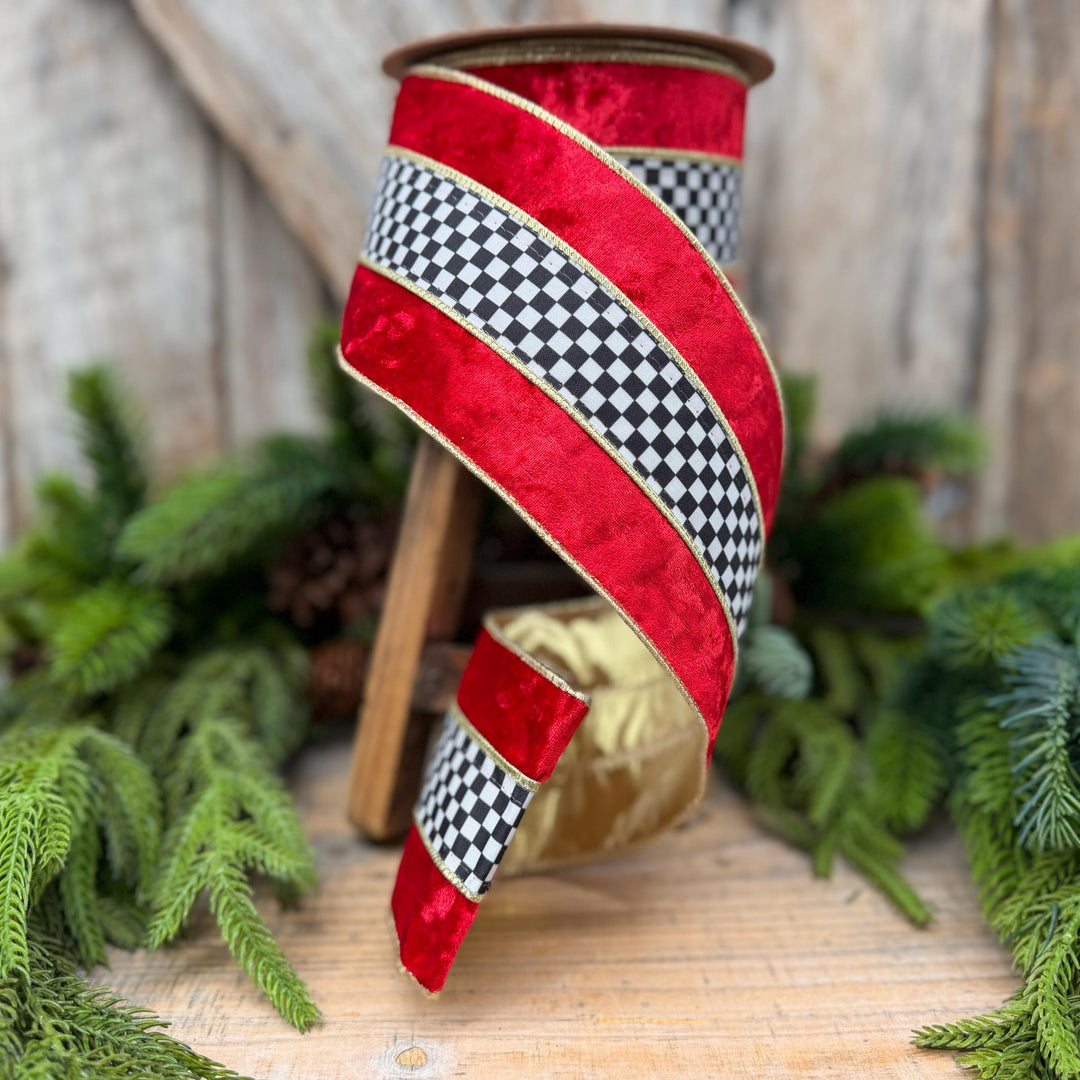 4" Red Velvet Black White Check Wired Ribbon | Gold Backing | 10 Yards