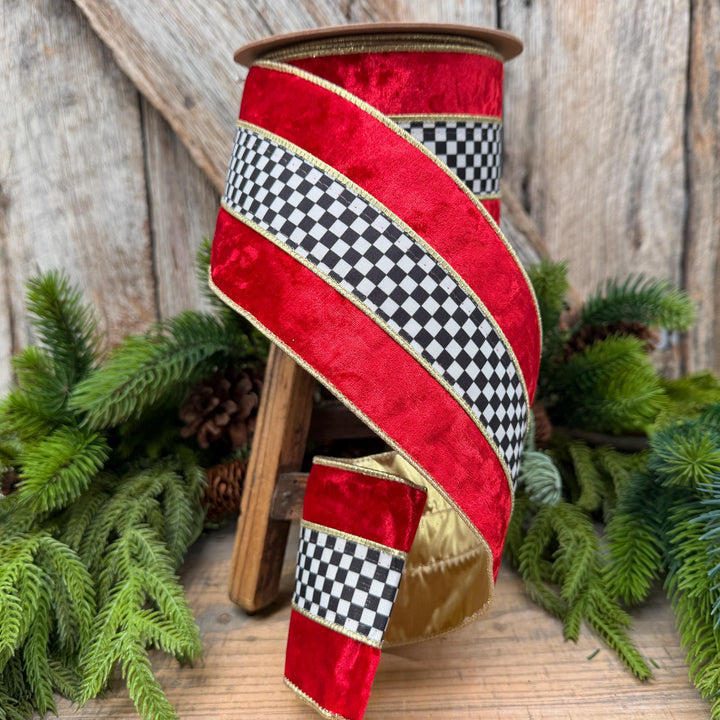 4" Red Velvet Black White Check Wired Ribbon | Gold Backing | 10 Yards