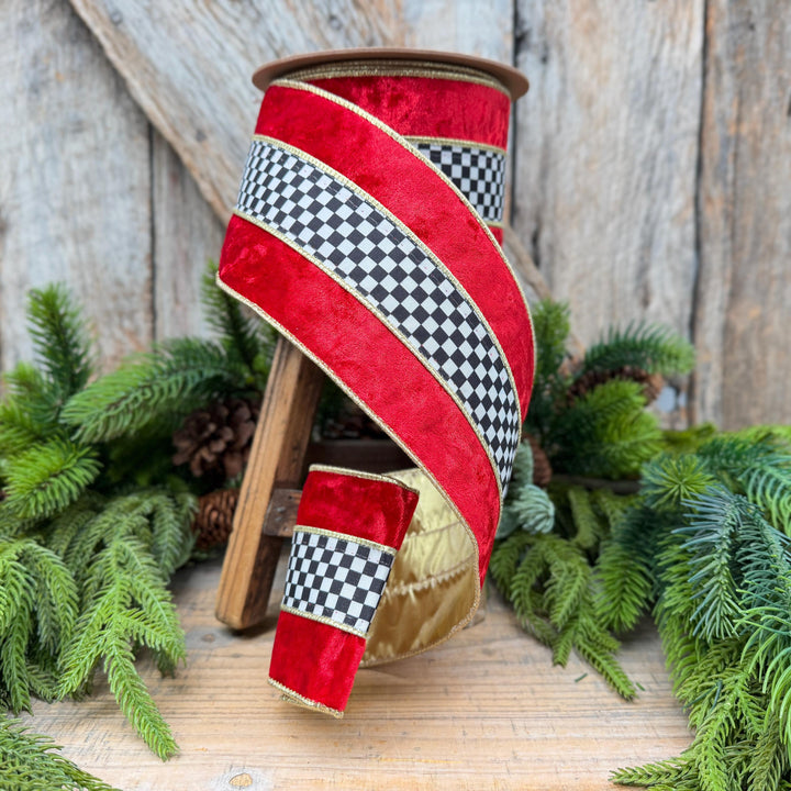 4" Red Velvet Black White Check Wired Ribbon | Gold Backing | 10 Yards