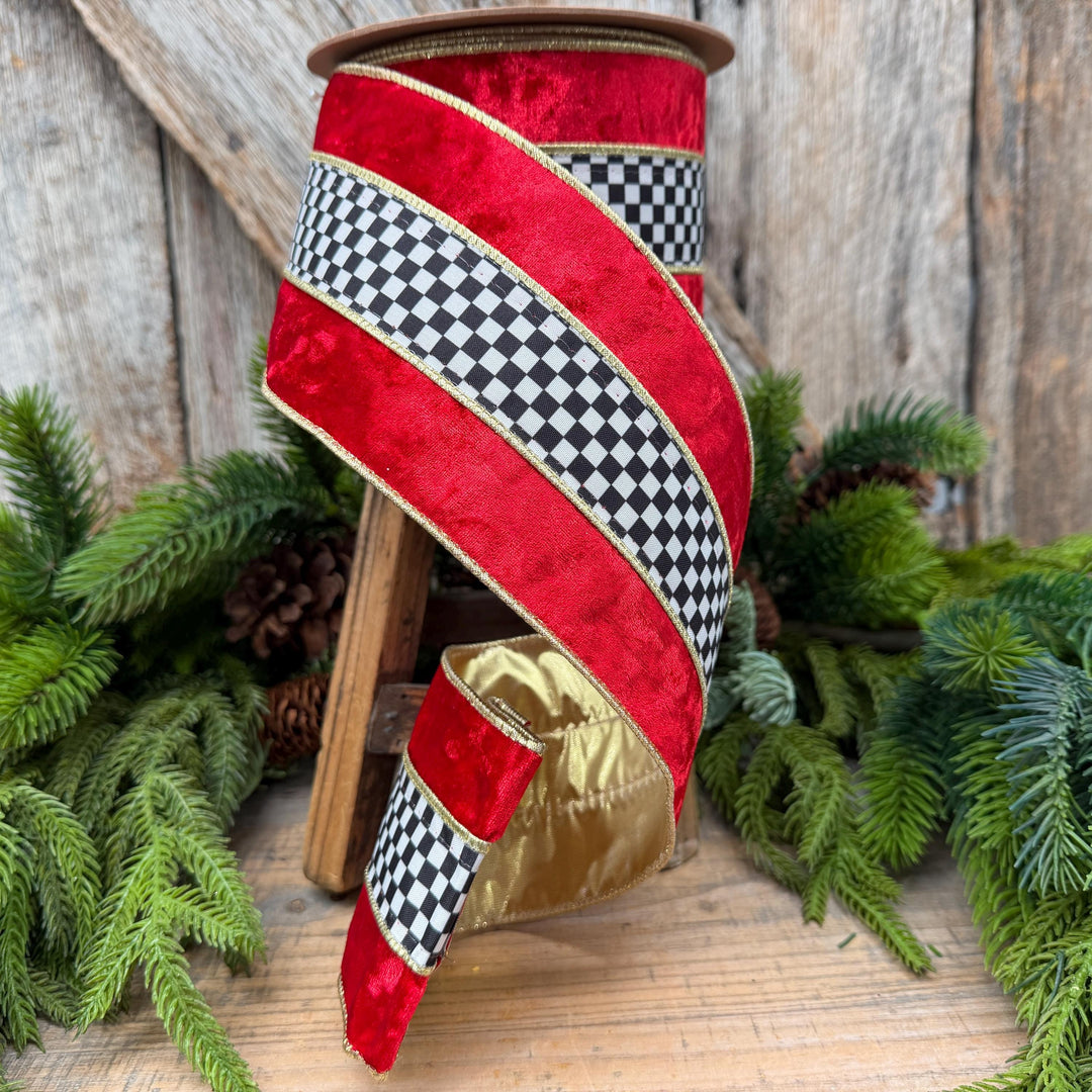 4" Red Velvet Black White Check Wired Ribbon | Gold Backing | 10 Yards