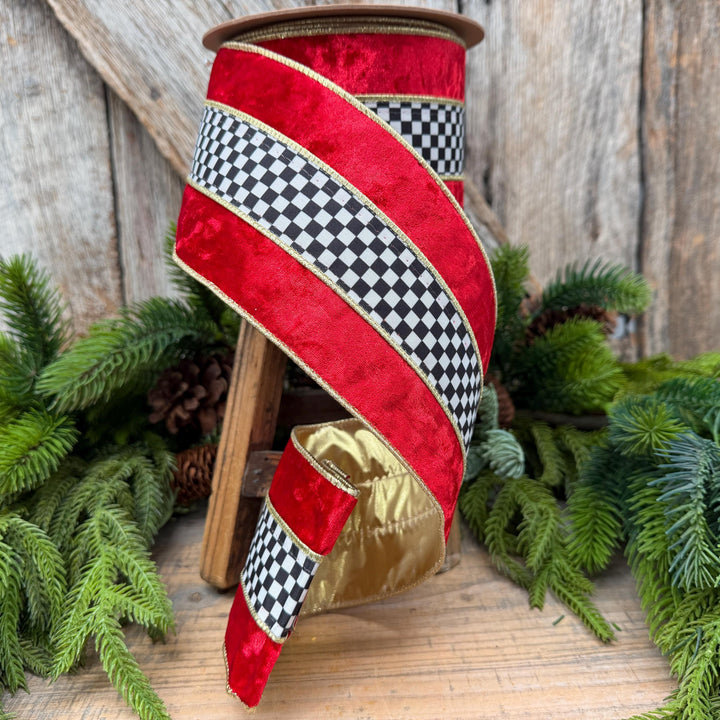 4" Red Velvet Black White Check Wired Ribbon | Gold Backing | 10 Yards