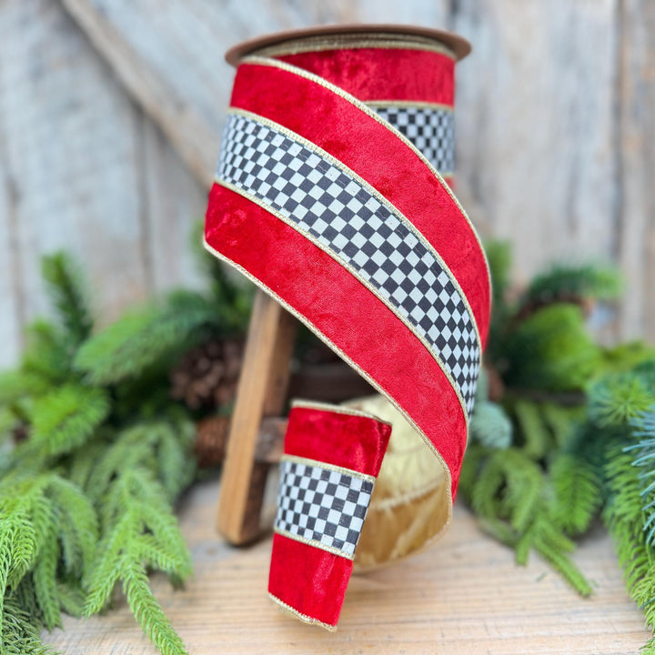 4" Red Velvet Black White Check Wired Ribbon | Gold Backing | 10 Yards