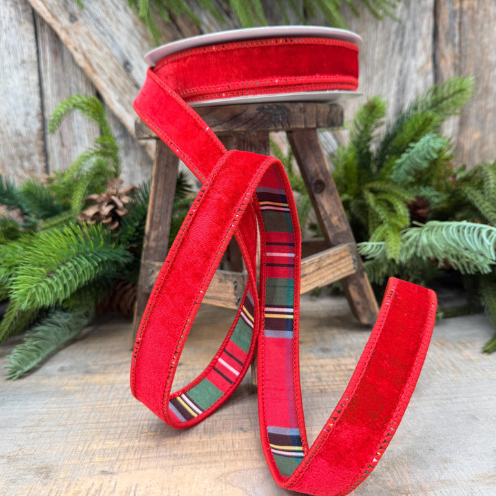 1" Red Velvet Plaid Ribbon, Double Sided Plaid Ribbon