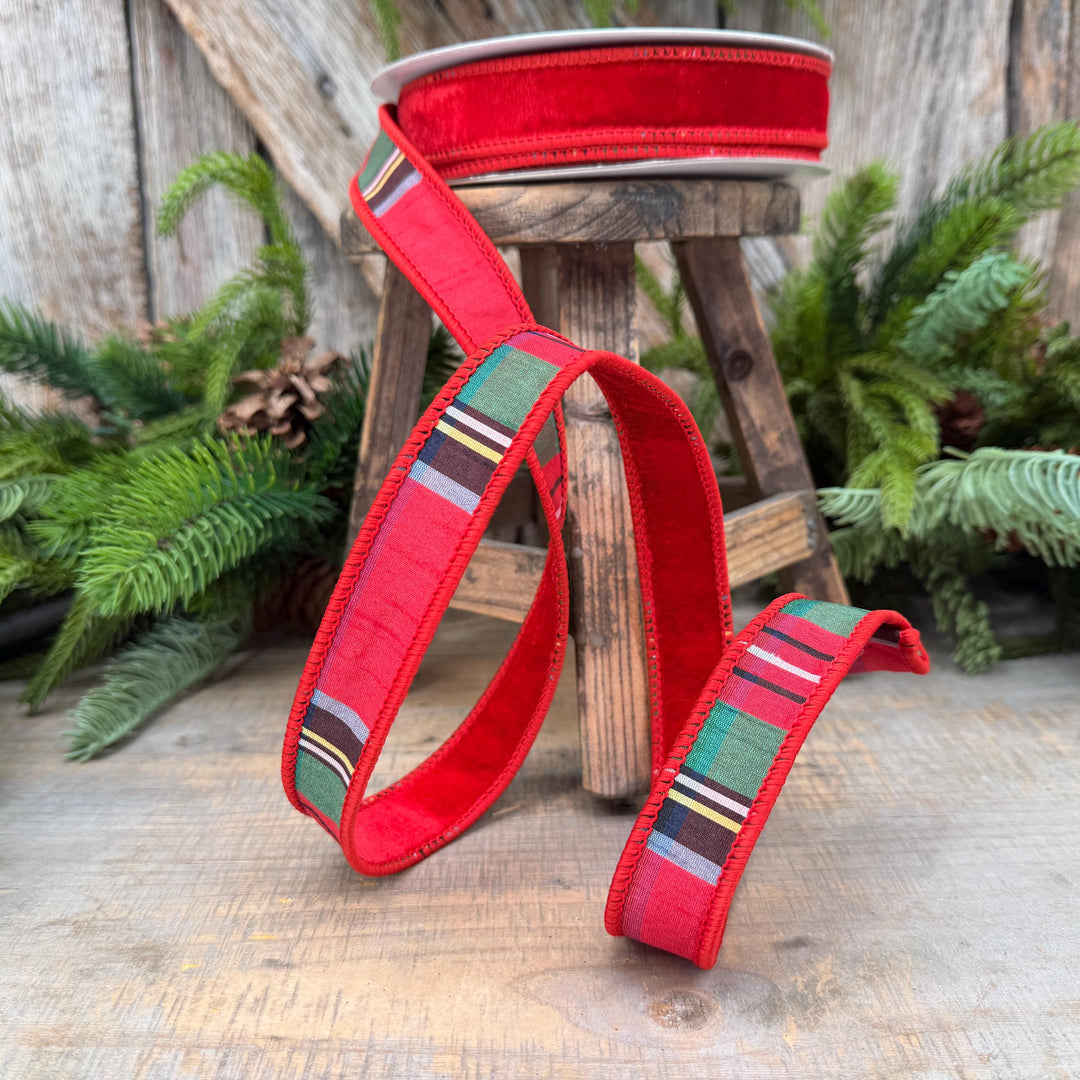1" Red Velvet Plaid Ribbon, Double Sided Plaid Ribbon