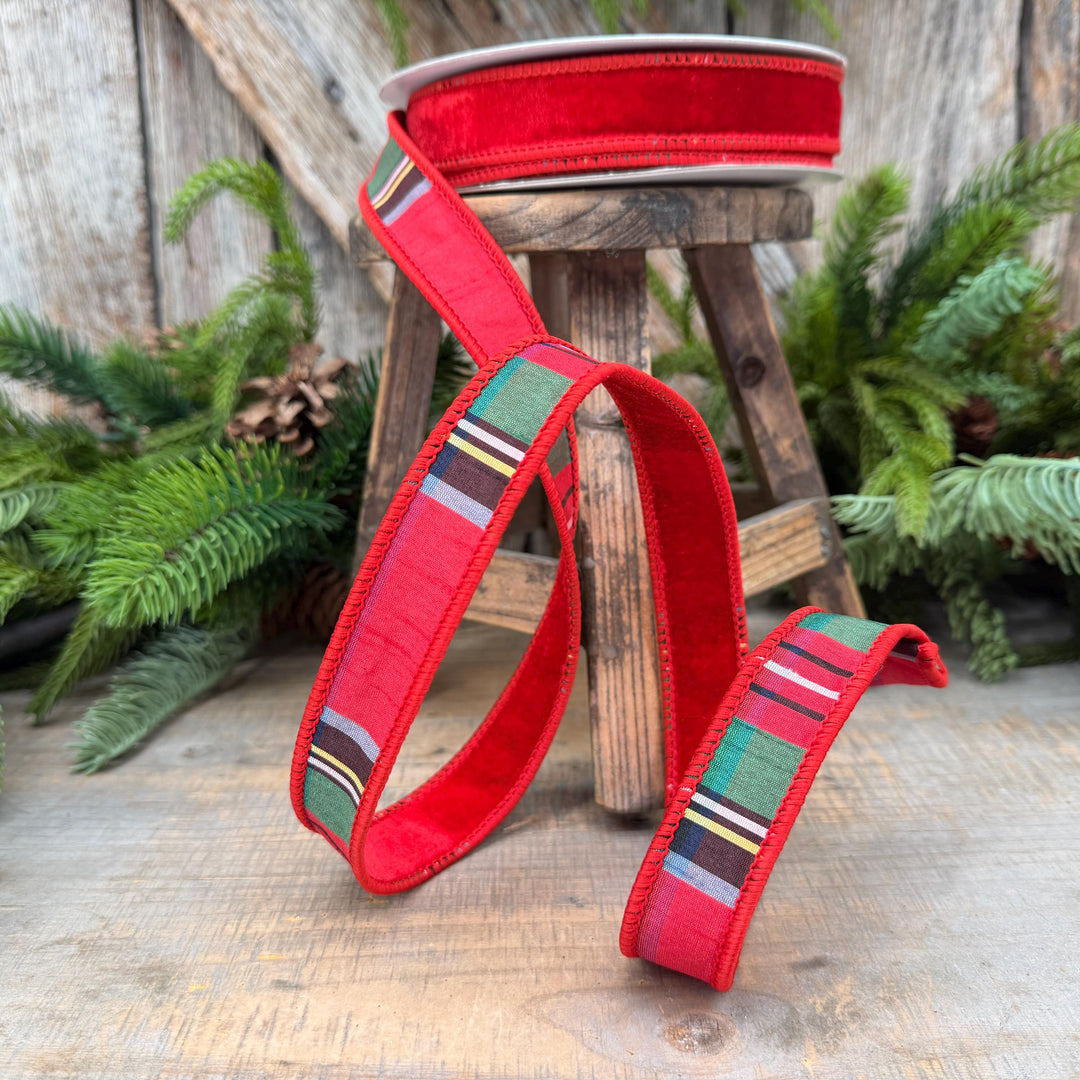 1" Red Velvet Plaid Ribbon, Double Sided Plaid Ribbon