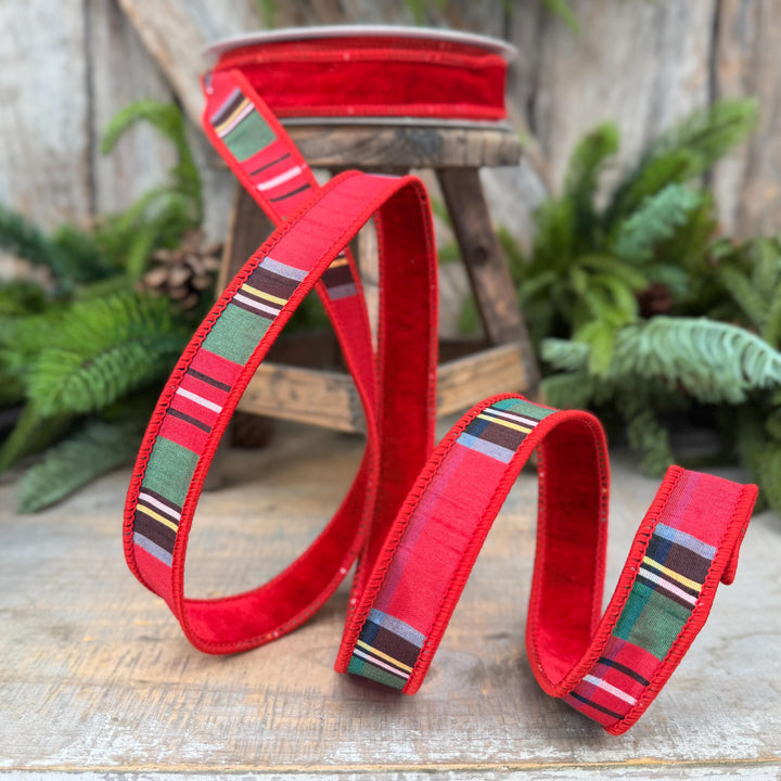 1" Red Velvet Plaid Ribbon, Double Sided Plaid Ribbon