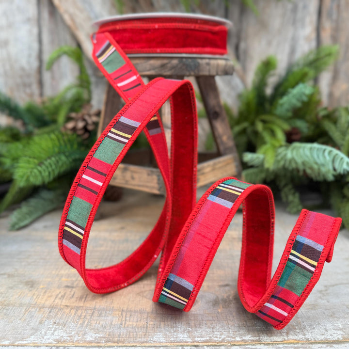 1" Red Velvet Plaid Ribbon, Double Sided Plaid Ribbon