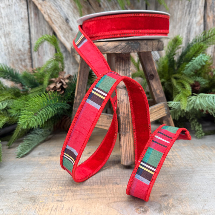 1" Red Velvet Plaid Ribbon, Double Sided Plaid Ribbon