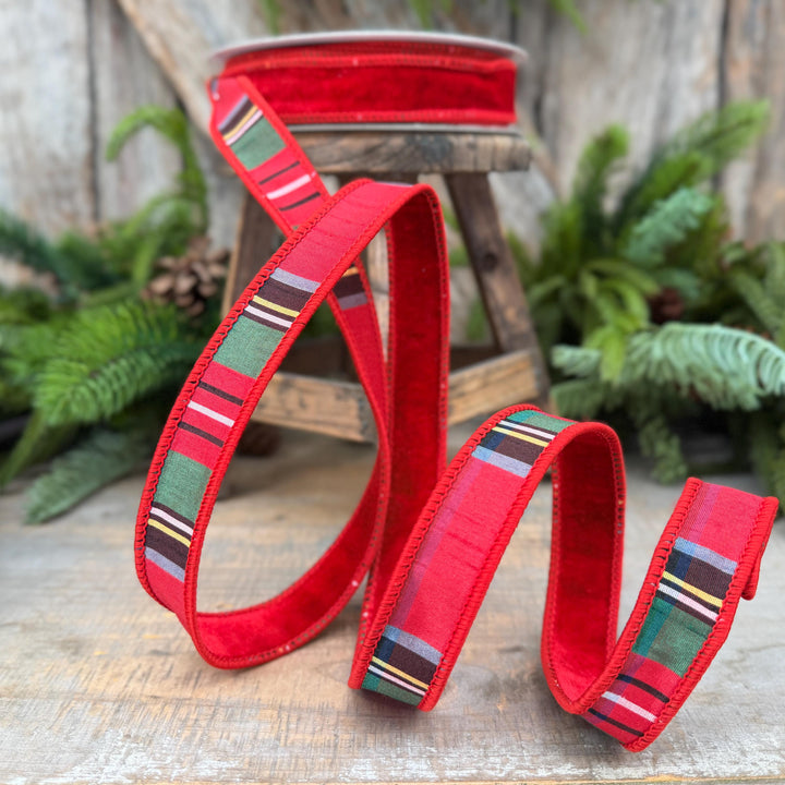 1" Red Velvet Plaid Ribbon, Double Sided Plaid Ribbon