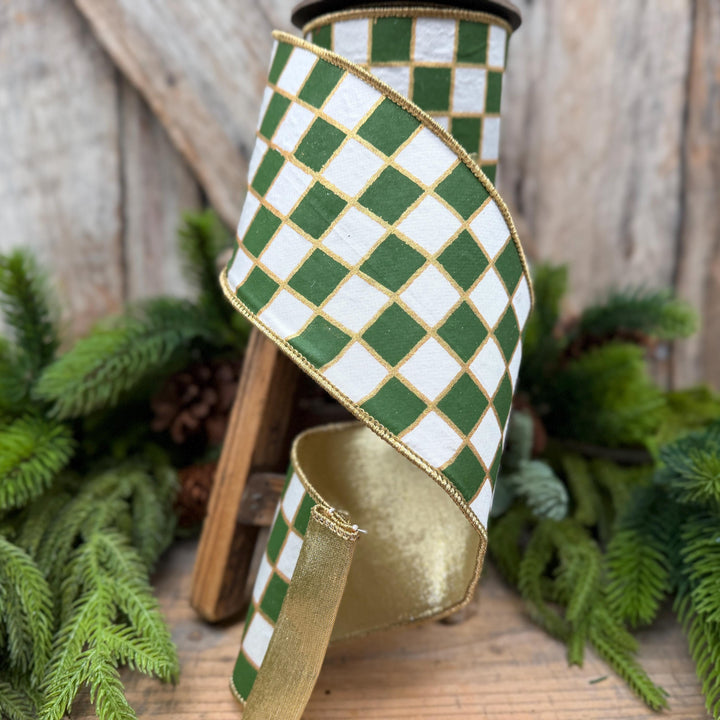 4" Moss Green Check Christmas Ribbon with Gold Backing – Wired Edge