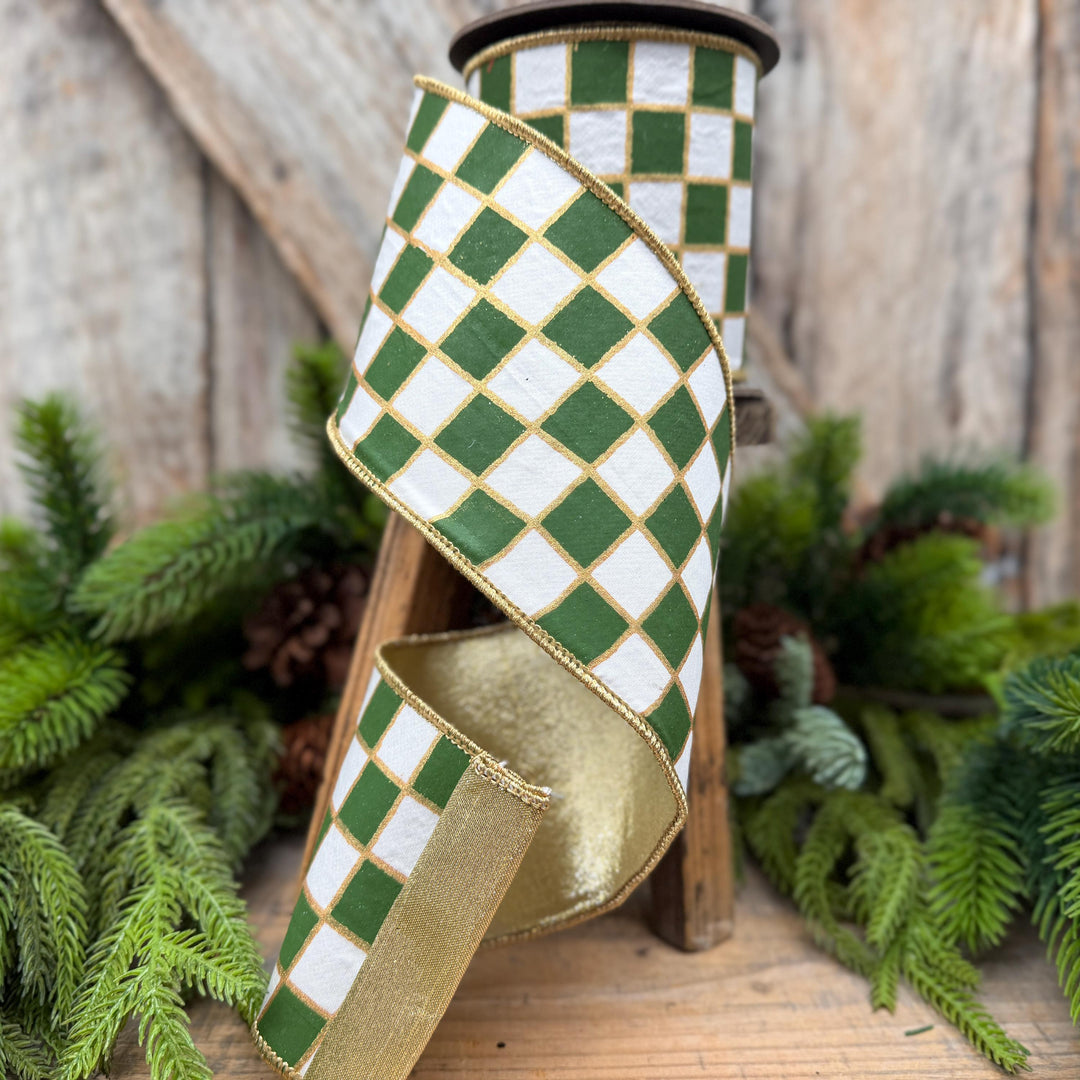 4" Moss Green Check Christmas Ribbon with Gold Backing – Wired Edge