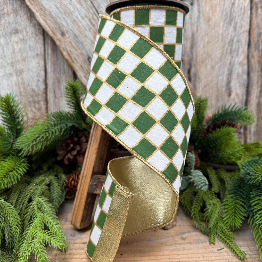 4" Moss Green Check Christmas Ribbon with Gold Backing – Wired Edge