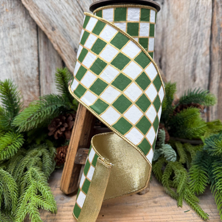 4" Moss Green Check Christmas Ribbon with Gold Backing – Wired Edge