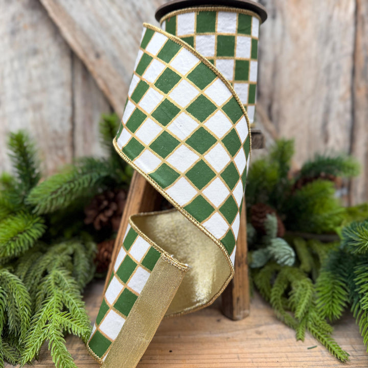 4" Moss Green Check Christmas Ribbon with Gold Backing – Wired Edge