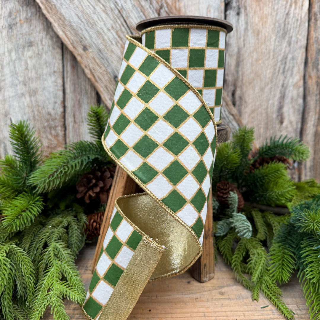 4" Moss Green Check Christmas Ribbon with Gold Backing – Wired Edge