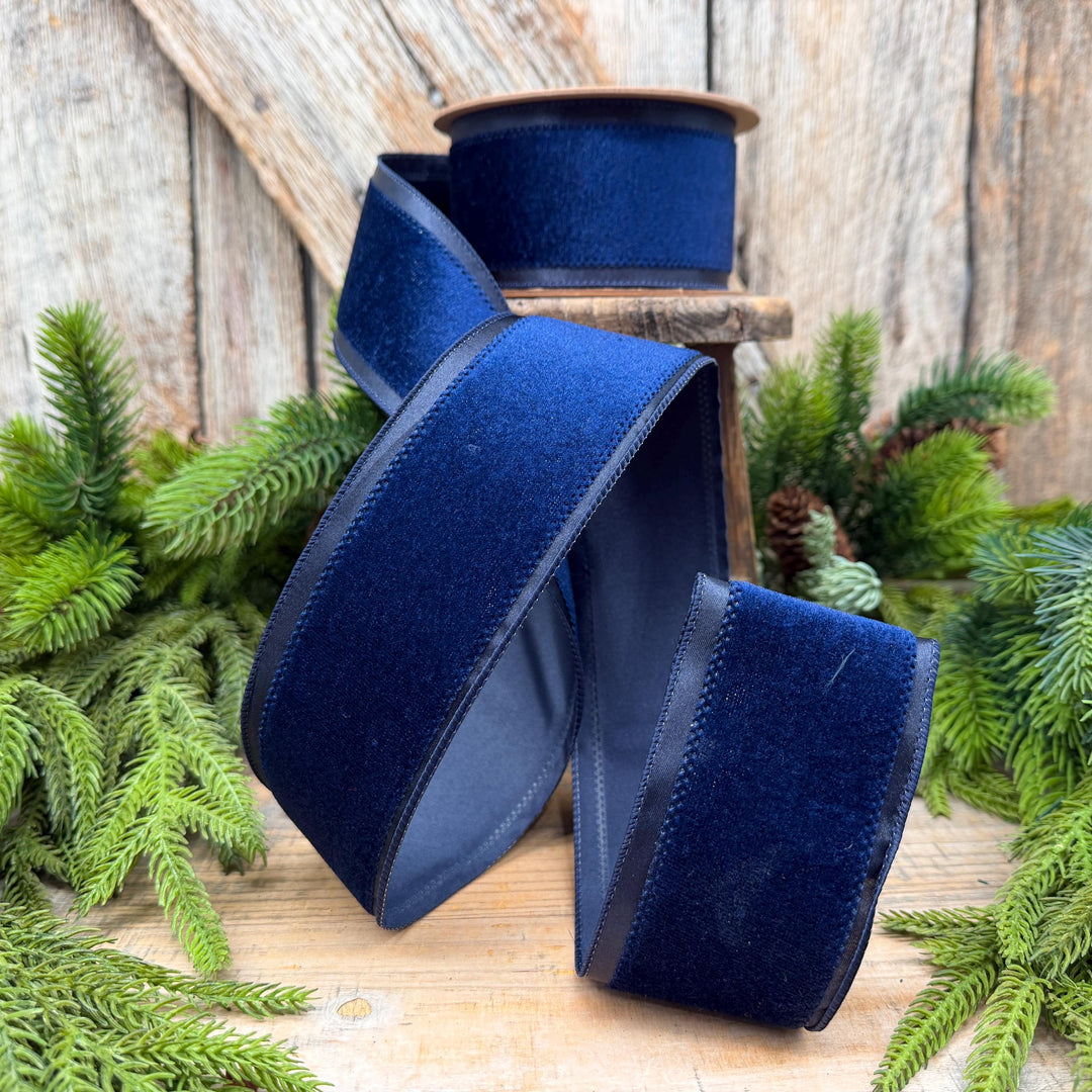 2.5" Navy Blue Velvet ribbon with Satin Trim