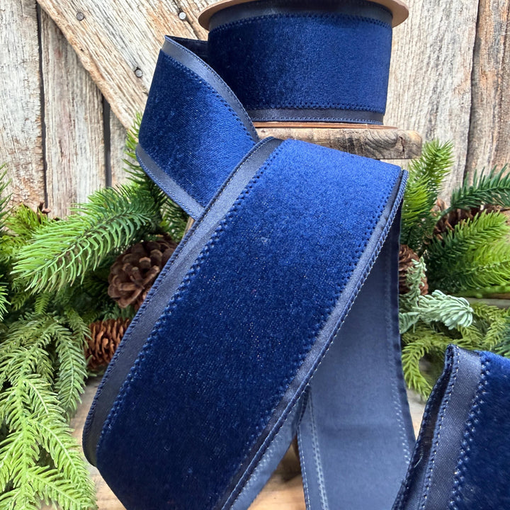 2.5" Navy Blue Velvet ribbon with Satin Trim