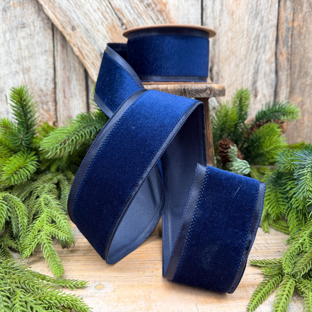 2.5" Navy Blue Velvet ribbon with Satin Trim