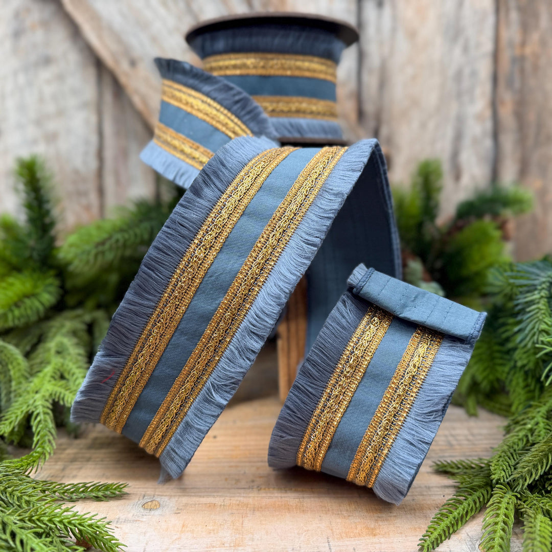 2.5" Dusty Blue Fringe Ribbon, Christmas Tree Ribbon