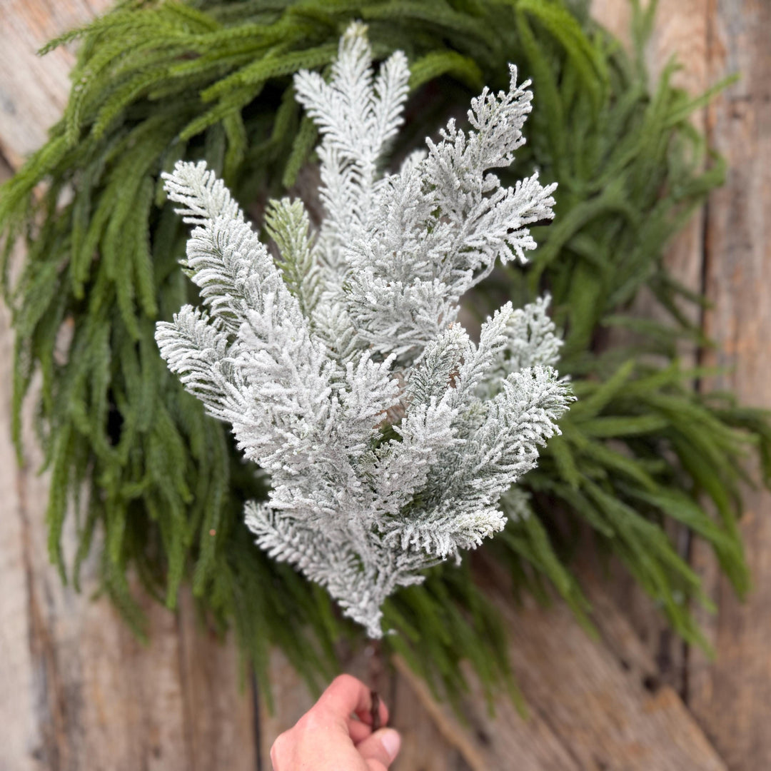 24" Snow Flocked Swiss Pine Spray – Frosted Christmas Greenery