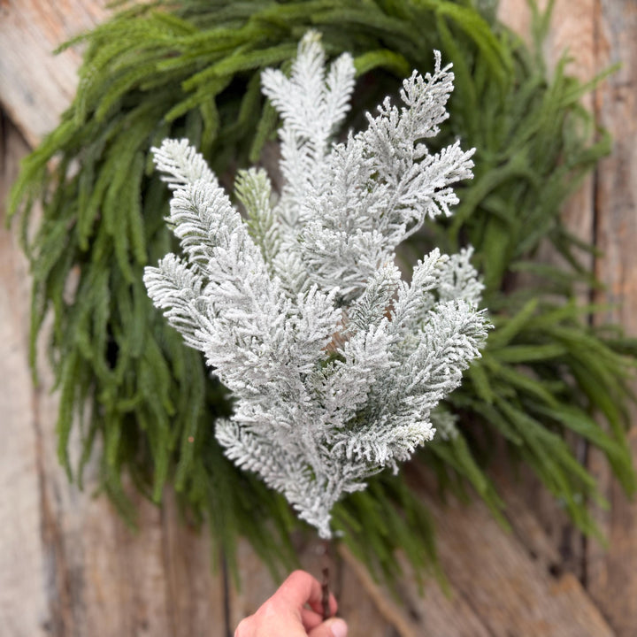 24" Snow Flocked Swiss Pine Spray – Frosted Christmas Greenery